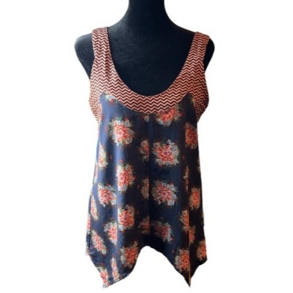 Jenny Han Navy Floral &‎ Chevron Print Silk Sleeveless Tank Top  S Boho Cottage